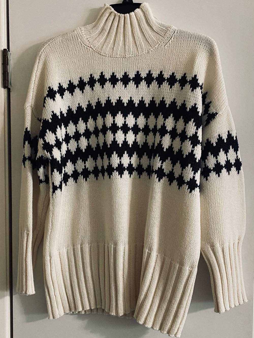 Free assembly women’s Cream Turtleneck Sweater with Black Fair Isle Pattern